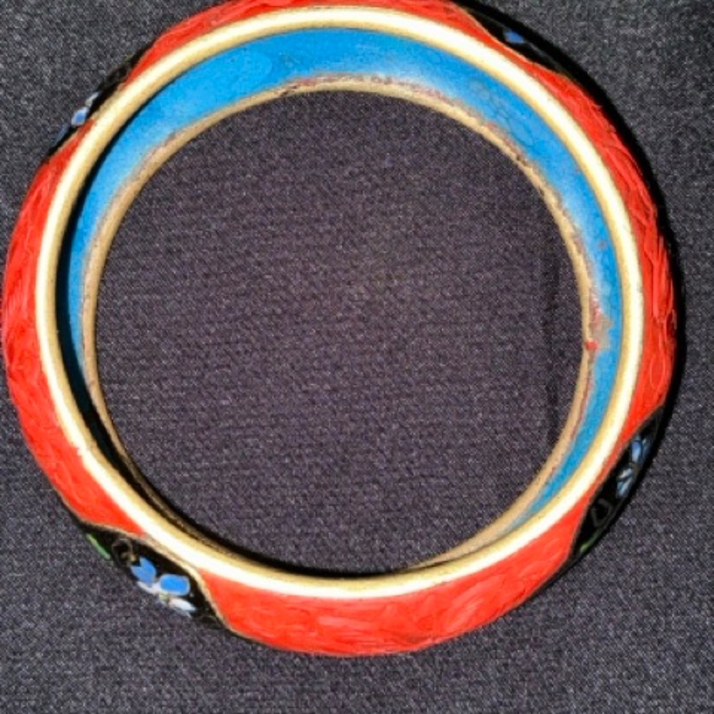 Vintage Cinnabar Cloisonne Floral Bangle Bracelet Size 8 Never Owned - Picture 3 of 6